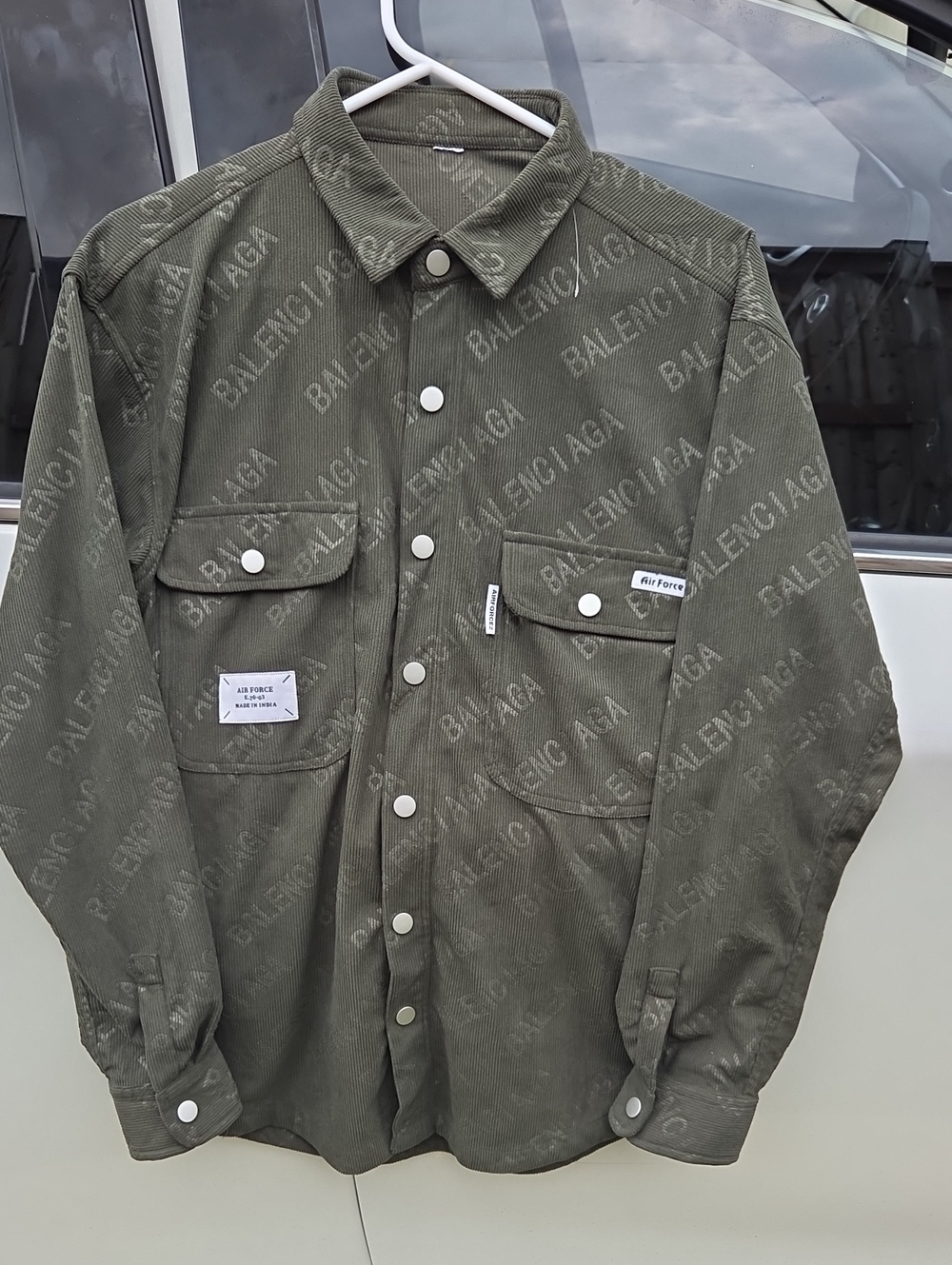 Balenciaga Men's Olive Logo Corduroy Button-Down Shirt